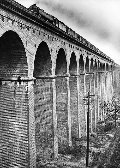 Welwyn, England:  April 12, 1933
A Scottish express train speeds northward as it crosses over the famous viaduct in Hertfordshire.