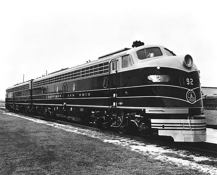 United States:   c. 1939
The Baltimore & Ohio Railroad's new two unit, 4,000 hp, diesel electric locomotive which is used for hauling heavy passenger trains.
