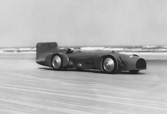 Daytona Beach, Florida:  February, 1931
British racer Captain Malcolm Campbell in his Bluebird race car setting a new auto speed record of 245 mph to shatter the old one of 231 mph by Major Seagrave.