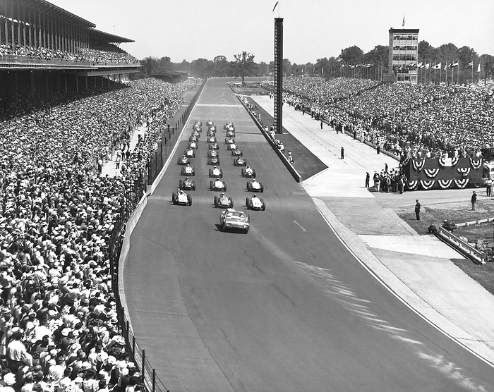 1961 Indy 500 Indianapolis, Indiana:  1961 The parade lap before the start of the Indianapolis 500 auto race.