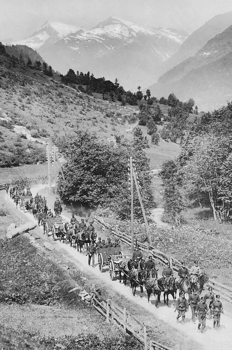 Ticino, Switzerland:  November 9, 1918
Swiss artillery on the march to protect their borders from the Austrians and Germans during WWI.