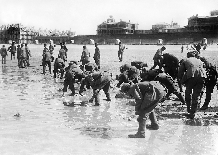 Europe:  c. 1916
German soldiers searching for seashells on the beach.