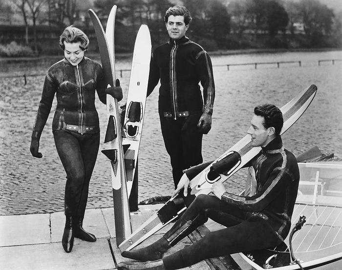 Scarborough, England:  June, 1960
Members of the Yorkshire Water Ski Club wearing their winter ski uniforms of ultra microcellular 3/16 inch Neoprene with rust proof non-jamming nickel-silver zips.