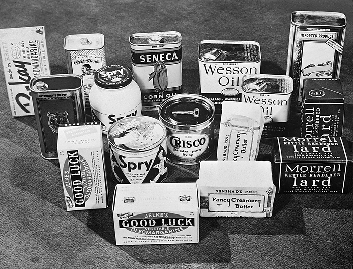 United States:  1943
Various cooking and baking products available to the consumer including, butter, oleomargarine, lard, shortenings and vegetable and olive oils.