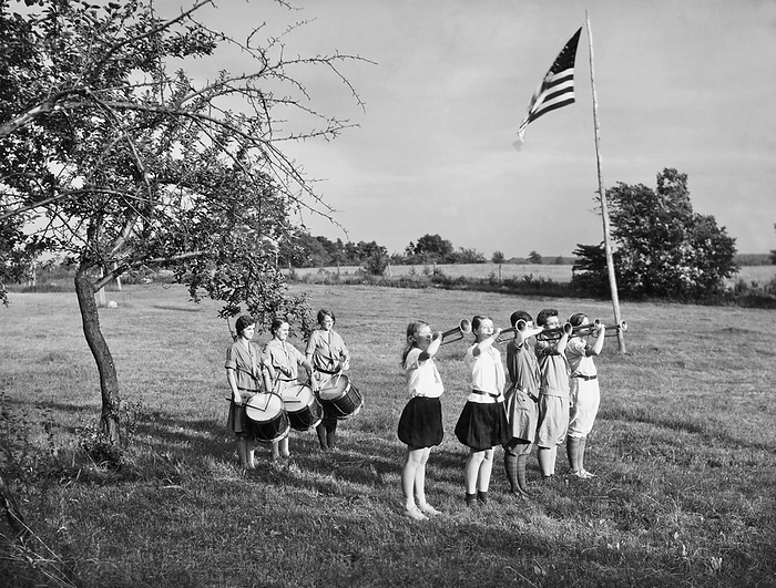 Kent, Connecticutt:   c. 1930
Early morning drum and bugle flag raising ceremonies at the Girl Scout Camp Francis.