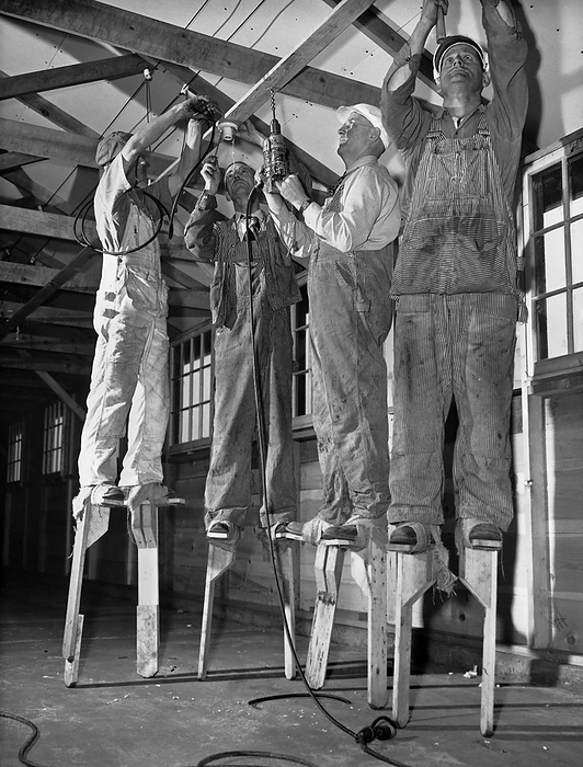 Fort Lewis, Washington:  November 4, 1942
Electicians working on renovating the barracks at Fort Lewis use stilts to save ladder time.
