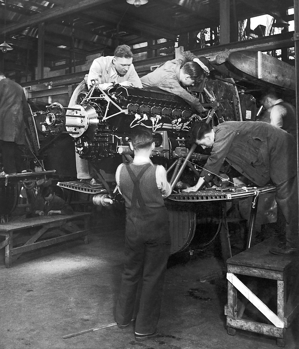 London, England: c. 1936
Workers at Handley Page's Cricklewood works engaged in the government expansion mandate to triple the size of the Royal Air Force by March 31, 1937. The workers are assembling the engine mountings. to Underwood Archives / The Image Works