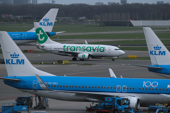 Airport Schiphol An aircraft operated by Dutch low cost airline Transavia Airlines drives past aircrafts operated by KLM Royal Dutch Airlines at Amsterdam Airport Schiphol on March 9, 2020 in Schiphol, Netherlands.   Photo by Yuriko Nakao AFLO   