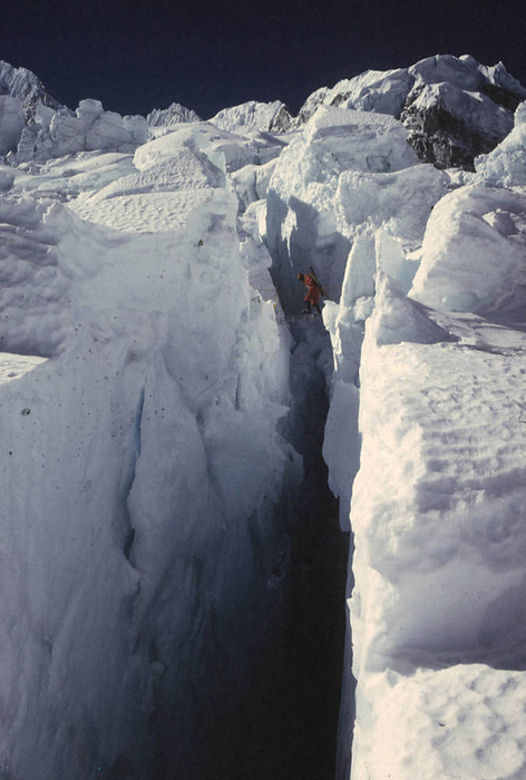 Crossing a crevasse on a duralumin ladder  April 1970  Third Everest Climbing Party, Crossing a crevasse on a duralumin ladder is a hell of a sight to behold, April 1970, color