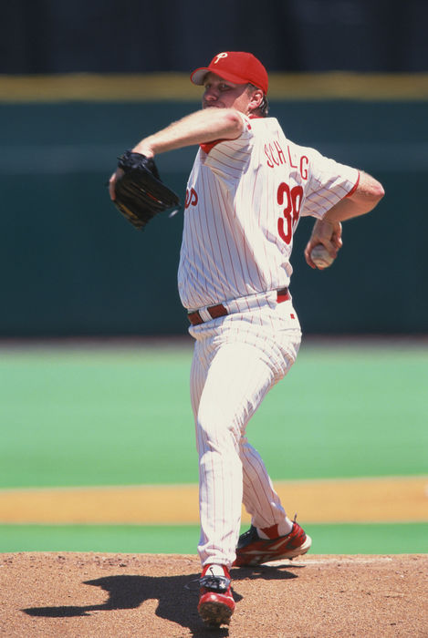 Curt Schilling (Phillies),
1999 - MLB : Philadelphia Phillies pitcher Curt Schilling #38 pitches during the game.
(Photo by AFLO) [0672]