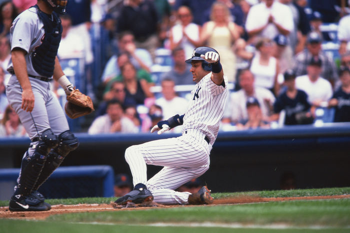 Derek Jeter (Yankees),
1999 - MLB : Derek Jeter #2 of the New York Yankees slides into home base during the game.
(Photo by AFLO) [0672]