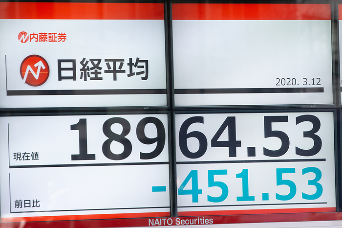 Tokyo stocks plunge as coronavirus declared a pandemic An electronic stock board shows Japan s Nikkei Stock Average in Tokyo, Japan on March 12, 2020. Japanese stocks plunge during the morning session on the Tokyo Stock Exchange market as the World Health Organization declared the coronavirus outbreak a global pandemic.  Photo by AFLO 