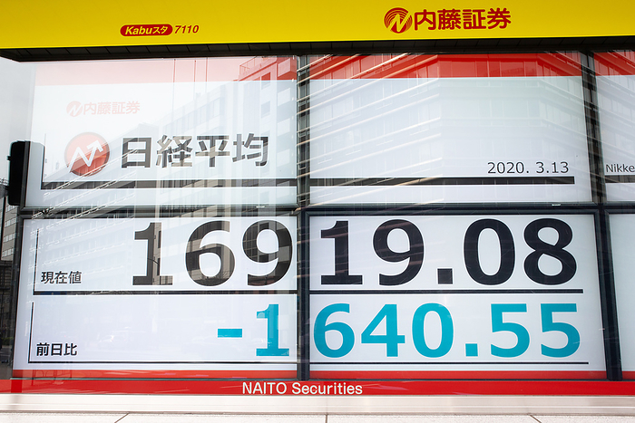 Tokyo stocks plunge following Wall Street crash An electronic stock board shows Japan s Nikkei Stock Average in Tokyo, Japan on March 13, 2020. Japanese stocks plunged more than 10  during the morning session on the Tokyo Stock Exchange market after Wall Street s biggest drop since the Black Monday crash of 1987.  Photo by AFLO 