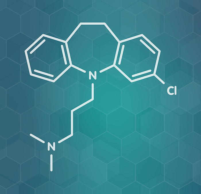 Clomipramine tricyclic antidepressant drug molecule Clomipramine tricyclic antidepressant drug molecule. Used in treatment of depression, obsessive compulsive disorder, etc. White skeletal formula on dark teal gradient background with hexagonal pattern.