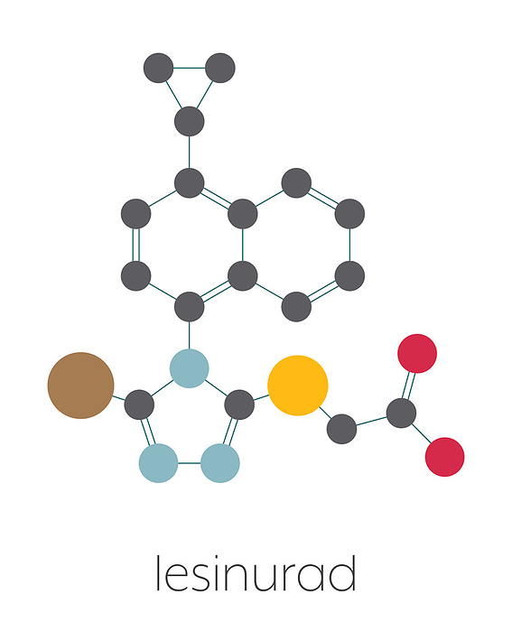 Lesinurad gout drug molecule, illustration Lesinurad gout drug molecule. Stylized skeletal formula  chemical structure . Atoms are shown as color coded circles connected by thin bonds, on a white background: hydrogen  hidden , carbon  grey , nitrogen  blue , oxygen  red , sulfur  yellow , bromine  brown .
