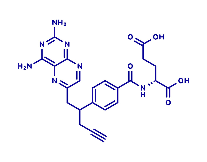 Pralatrexate cancer drug molecule, illustration Pralatrexate cancer drug molecule  antifolate class . Blue skeletal formula on white background.