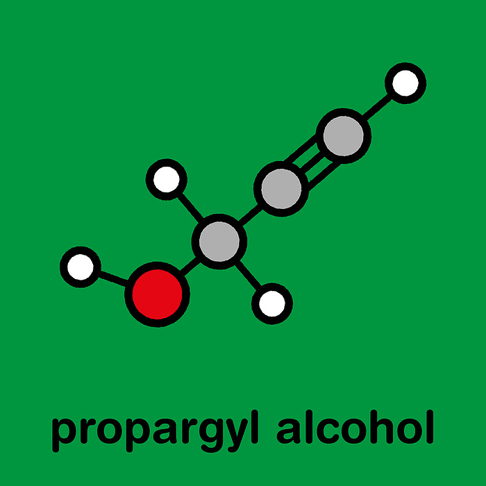 Propargyl alcohol molecule, illustration Propargyl alcohol molecule. Stylized skeletal formula  chemical structure : Atoms are shown as color coded circles with thick black outlines and bonds: hydrogen  white , carbon  grey , oxygen  red .