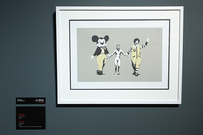 Banksy exhibition in Yokohama Artworks by British artist Banksy are seen during a press preview of the  BANKSY EXHIBITION   GENIUS OR VANDAL   in Yokohama, Japan on March 13, 2020. More than 70 original artworks by Banksy, a world renowned graffiti artist, are unveiled on display for the first time from March 15 to September 27, 2020.  Photo by AFLO 