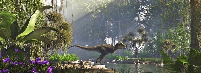 Tyrannosaurus rex juvenile, illustration Illustration of a juvenile Tyrannosaurus rex wandering through a late Cretaceous landscape.