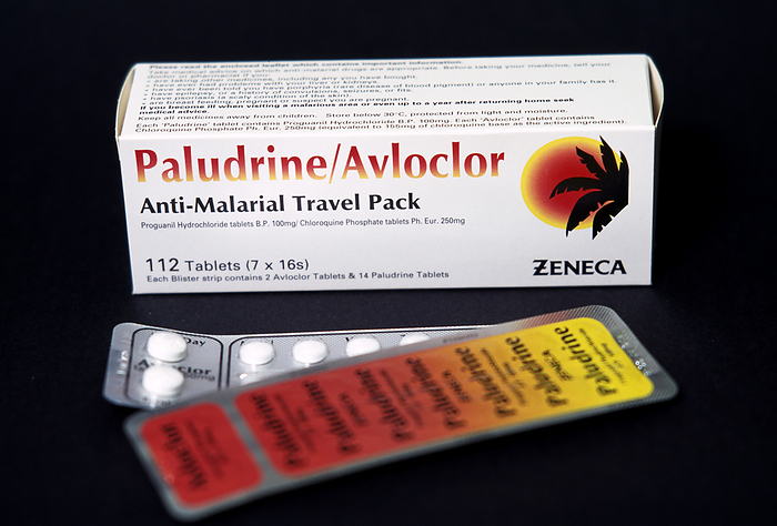 Antimalarial pills  Antimalarial tablets. Box and blister packs of Paludrine and Avloclor antimalarial tablets. Paludrine  proguanil hydrochloride  and Avloclor  chloroquine phosphate  are taken together as the malarial parasites in some areas are resistant to one of the drugs. People travelling to areas in which malaria is prevalent should take these pills before, during and after their trip. Malaria is caused by the presence of Plasmodium sp. parasites in the blood. The parasites are spread by the bites of infected female Anopheles sp. mosquitoes.