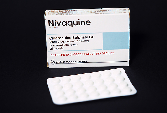 Antimalarial pills  Antimalarial tablets. Box and blister pack of Nivaquine antimalarial tablets. Each tablet contains 200 milligrams of the drug chloroquine sulphate. People travelling to areas in which malaria is prevalent should take these pills before, during and after their trip. Malaria is caused by the presence of Plasmodium sp. parasites in the blood. The parasites are spread by the bites of infected female Anopheles sp. mosquitoes.