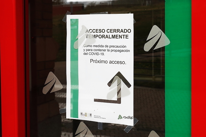Virus Outbreak Spain A notice at the Atocha station that instructs temporary use of doors and other entrances due to the emergency declaration to the Corona Virus  COVID 19  outbreak in Madrid, Spain, MARCH 22, 2020.  Photo by Mutsu Kawamori AFLO 