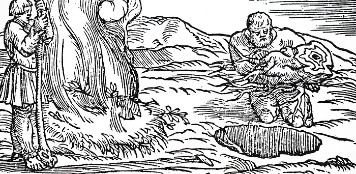 Woodcut engraving depicting charcoal burning Woodcut engraving depicting charcoal burning: on the right of the picture the man is holding up a pyramid of sticks to be covered with bracken and earth, and then slowly burned  left .