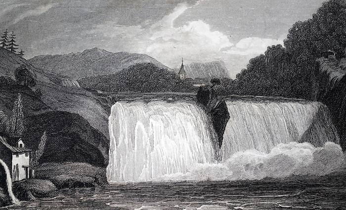 An engraving depicting the Rhine Falls An engraving depicting the Rhine Falls, the largest waterfall in Switzerland and Europe. Dated 19th century