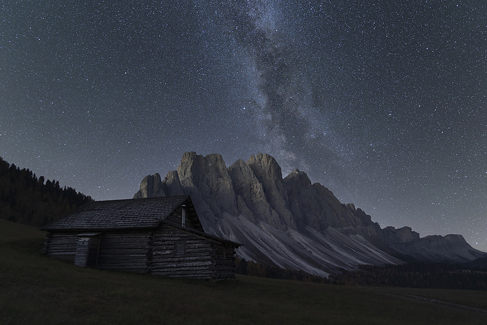 Milky Way over the Odle group seen Gampen Alm, Funes Valley, Dolomites, Bolzano province, South Tyrol, Italy Milky Way over the Odle group seen from Gampen Alm, Funes Valley, Dolomites, Bolzano province, South Tyrol, Italy, Europe, Photo by Roberto Moiola
