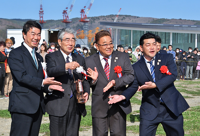 Olympic flame Arrival in Japan  L R Yoshihiro Murai, Governor of Miyagi Prefecture, Hiroshi Kameyama, Mayer of Ishinomaki, Official Ambassador and comedian, Mikio Date and Takeshi Tomizawa of Sandwich man attend the lighting ceremony for Tokyo 2020 Olympic  Flame of Recovery tour  at Ishinomaki Minamihama Tsunami Recovery Memorial Park, Ishinomaki, Miyagi prefecture, Japan on Friday, March 20, 2020.  Photo by AFLO 