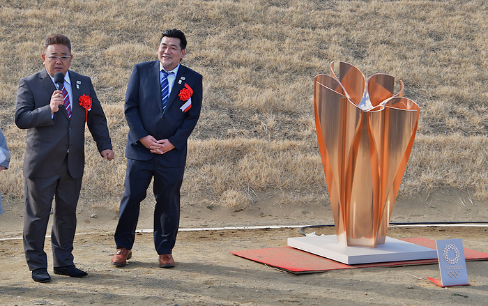 Olympic flame Arrival in Japan Official Ambassador and comedian, Mikio Date L , Takeshi Tomizawa of Sandwich man attend the lighting ceremony for Tokyo 2020 Olympic  Flame of Recovery tour  at Ishinomaki Minamihama Tsunami Recovery Memorial Park, Ishinomaki, Miyagi prefecture, Japan on Friday, March 20, 2020.  Photo by AFLO 