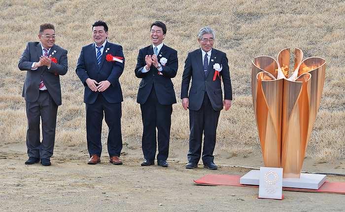 Olympic flame Arrival in Japan  L R Official Ambassador and comedian, Mikio Date and Takeshi Tomizawa of Sandwich man, Yoshihiro Murai, Governor of Miyagi Prefecture and  Hiroshi Kameyama, Mayer of Ishinomaki attend the lighting ceremony for Tokyo 2020 Olympic  Flame of Recovery tour  at Ishinomaki Minamihama Tsunami Recovery Memorial Park, Ishinomaki, Miyagi prefecture, Japan on Friday, March 20, 2020.  Photo by AFLO 