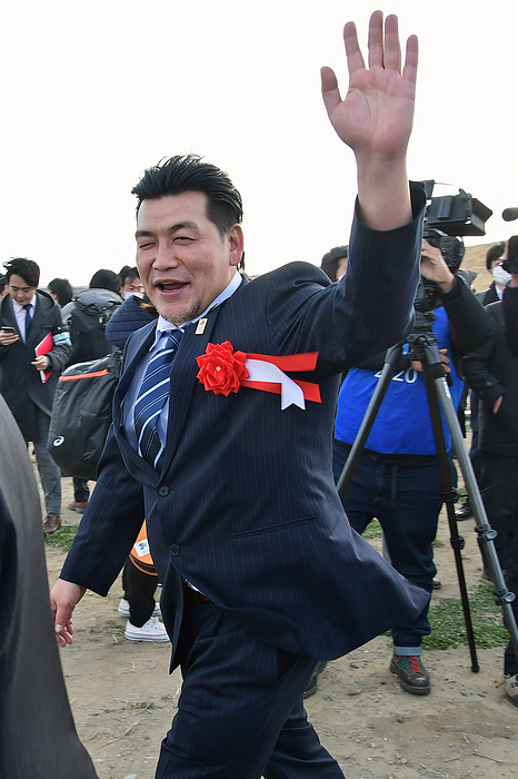 Olympic flame Arrival in Japan Official Ambassador and comedian, Takeshi Tomizawa of Sandwich man waves to audience during the Tokyo 2020 Olympic  Flame of Recovery tour  at Ishinomaki Minamihama Tsunami Recovery Memorial Park, Ishinomaki, Miyagi prefecture, Japan on Friday, March 20, 2020.  Photo by AFLO 