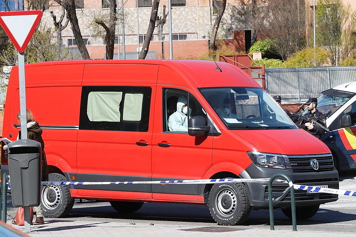 Virus Outbreak Spain A military emergency unit vehicle that has carried its body into the temporary morgue of Palacio de Hielo and picked up the next one due to the emergency declaration due to the Corona Virus  COVID 19  outbreak in Madrid, Spain, MARCH 26, 2020.  Photo by Mutsu Kawamori AFLO 