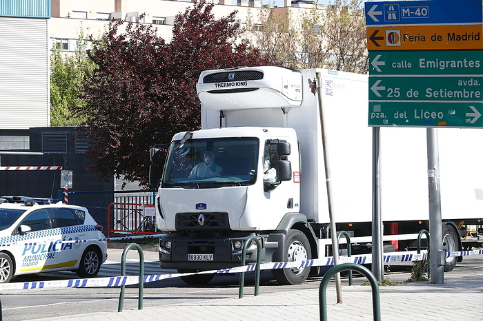 Virus Outbreak Spain A refrigerated vehicle that has carried its body into the temporary morgue Palacio de Hielo due to the emergency declaration due to the Corona Virus  COVID 19  outbreak in Madrid, Spain, MARCH 26, 2020.  Photo by Mutsu Kawamori AFLO 