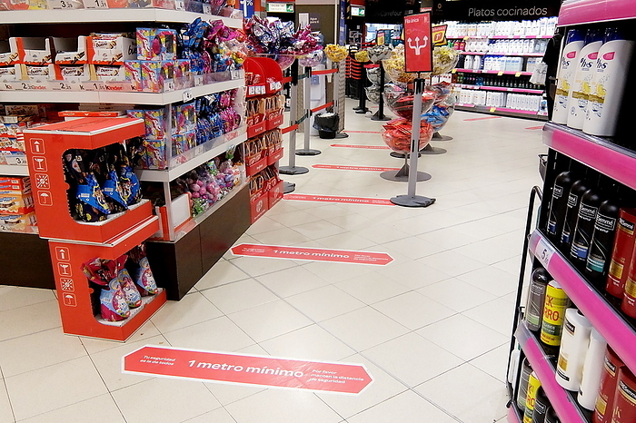 Virus Outbreak Spain General view of Supermarket floor that instructs to leave a distance of 1m from others customer due to the emergency declaration due to the Corona Virus  COVID 19  outbreak in Madrid, Spain, MARCH 26, 2020.  Photo by Mutsu Kawamori AFLO 