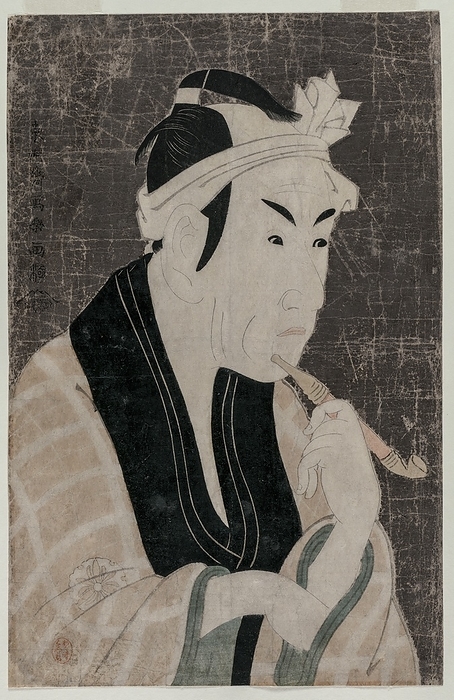 Matsumoto Koshiro IV as Gorobei, the Fish Seller from Sanya, 1794. Creator: Toshusai Sharaku  Japanese . Matsumoto Koshiro IV as Gorobei, the Fish Seller from Sanya, 1794. Sharaku portrayed the actor Matsumoto Koshiro IV in his role as the fish merchant Gorobei in the play  A Medley of Tales of Revenge , performed at the Kiri Theater in June 1794. The actor specialized in the  wagoto , or  quot gentle style, quot  of acting. In the play, the fish merchant, whose business is located near the Yoshiwara, helps two courtesan sisters avenge their father  x2019 s murder. Sharaku created portraits for seven actors appearing in this play. During his ten month career, Sharaku created about 150 designs for prints, including 28 bust portraits. Many of the portraits were printed with a gray mica background, a popular technique banned in 1794, the year Sharaku was active as a print designer. Censorship edicts restricted themes, sizes, and techniques used in the printing industry as an attempt to curtail the luxuries of the merchant class, patrons of prints. Although the lowest class in society, they had become the wealthiest class by the 18th century. In an effort to maintain a hierarchy, governmental edicts often regulated basic aspects of life.