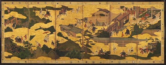 Scenes from the  quot Tales of Ise quot , mid 1600s. Creator: Unknown. Scenes from the  quot Tales of Ise quot , mid 1600s. While the 11th century  Tale of Genji  is universally regarded as Japan s literary masterpiece, the source for visual imagery in Japanese culture is rivaled by another literary classic, the  Tales of Ise . A 10th century anthology of poems interspersed with commentary, the Ise portrays the emotional and geographical journey of a courtier from the capital  Kyoto  into the countryside and beyond. The poems describe features of the natural, untamed terrain, linking them to the rather melancholy state of the traveler.   Since the  Tales of Ise  was  x2014 and remains today  x2014 well read by educated Japanese, a person viewing these folding screens would immediately recognize its subject, organized as a series of discrete scenes read from right to left. Neither a signature nor a seal identifies the artist, but judging from related paintings, the work can be ascribed to an artist working in Kyoto during the first quarter of the 17th century in the manner of the painter Iwasa Matabei  1578 1650 . This type of historical narrative composition became quite popular around 1600 among patrons favoring a distinctly Japanese style of painting which employed rich mineral pigments and a liberal use of gold.