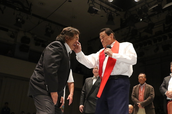Antonio Inoki 77 year old Riki Choshu  L  and Antonio Inoki during the Pro Wrestling Masters event at Korakuen Hall on February 28, 2020 in Tokyo, Japan.  Photo by Yukio Hiraku AFLO                      