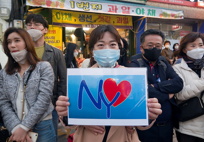 South Korea s 2020 general election campaign Supporters of Lee Nak Yon, Apr 11, 2020 : Wearing masks to prevent COVID 19 coronavirus infection, supporters attend a campaign of Lee Nak Yon, former prime minister of South Korea and a candidate of the ruling Democratic Party for the April 15 general elections, in Jongno district in Seoul, South Korea. Lee is running for the election in Jongno, a symbolic constituency in Korean politics where influences in politics are elected. Hwang Kyo Ahn, the head of the conservative right wing main opposition United Future Party  UFP , is also running in the constituency. Lee and Hwang have been ranked as the first and second as the next president of South Korea in recent polls. The quadrennial elections will fill the 300 seat unicameral National Assembly of South Korea. NY on a sign is short for Lee Nak Yon.  Photo by Lee Jae Won AFLO   SOUTH KOREA 
