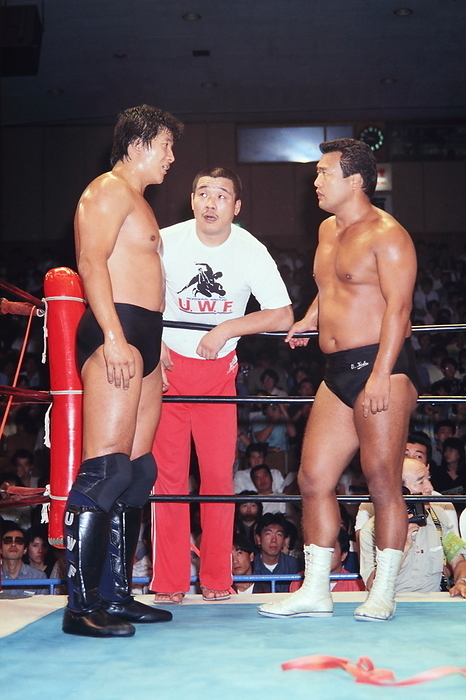 Japanese vintage pro wrestling  from left to right  UWF forces of Hiaki Maeda, Yoshiaki Fujiwara, and Osamu Kido   Photo by Yukio Hiraku AFLO 