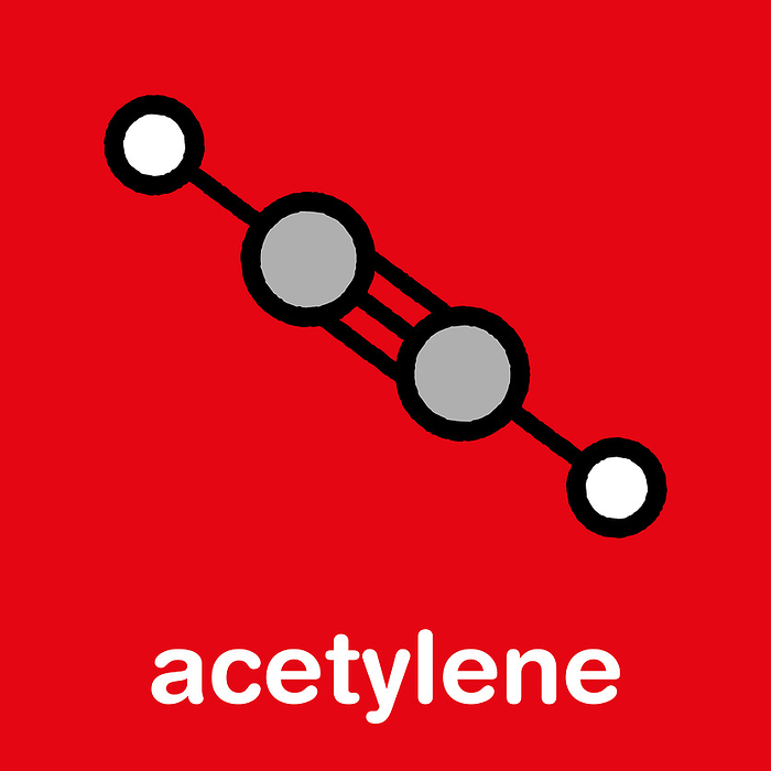 Acetylene molecule, illustration Acetylene  ethyne  molecule. Used in oxy acetylene welding. Stylized skeletal formula  chemical structure . Atoms are shown as color coded circles with thick black outlines and bonds: hydrogen  white , carbon  grey .