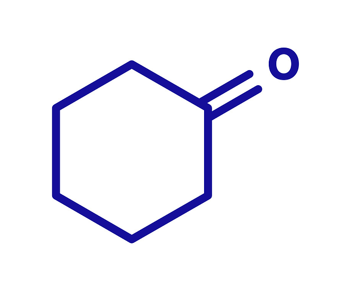 Cyclohexanone organic solvent molecule, illustration Cyclohexanone organic solvent molecule. Precursor of nylon. Blue skeletal formula on white background.