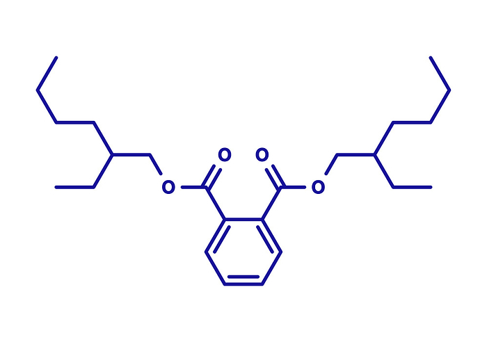 DEHP phthalate plasticizer molecule, illustration Bis 2 ethylhexyl  phthalate  diethylhexyl phthalate, DEHP, dioctyl phthalate, DOP  plasticizer molecule. Blue skeletal formula on white background.