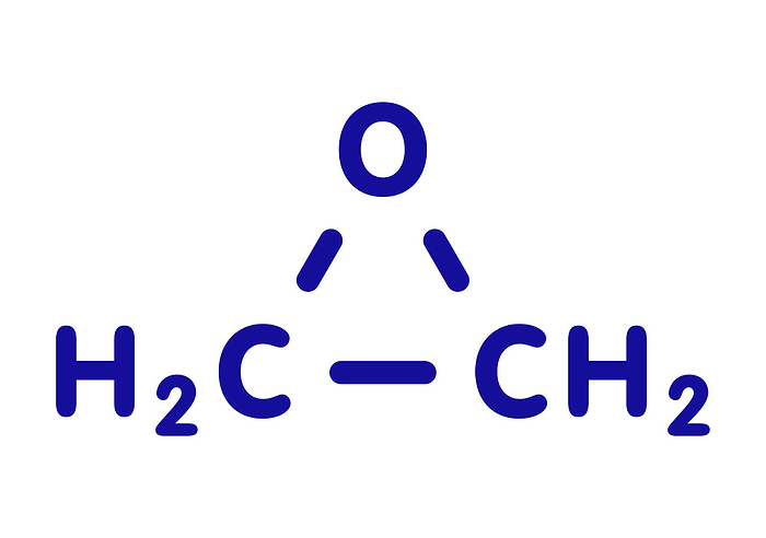 Ethylene oxide molecule, illustration Ethylene oxide  oxirane  molecule. Uses include sterilization of medical devices and as a precursor of polymers. Blue skeletal formula on white background.