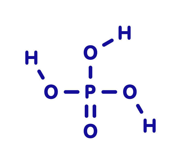 Phosphoric acid mineral acid molecule, illustration Phosphoric acid mineral acid molecule. Used in fertilizer production, biological buffers, as food additive, etc. Blue skeletal formula on white background.