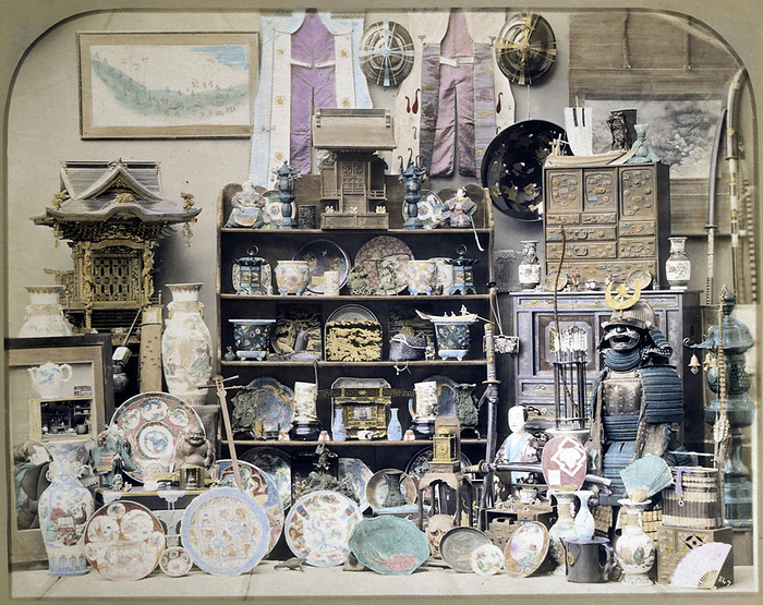 131128 0026 OS   Curio Shop Curio shop lay out in a studio. Items displayed vary from a samurai suit of armour to shinto shrines, furniture and porcelain.  Photo by MeijiShowa AFLO