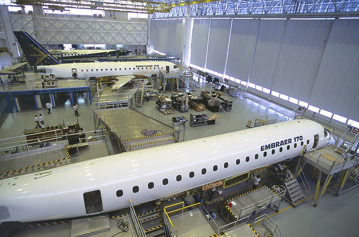 Embraer manufacturing plant in Brazil  Date of photo unknown  tail fin, horizontal stabiliser and fuselage barrels on the Embraer 170 factory production line