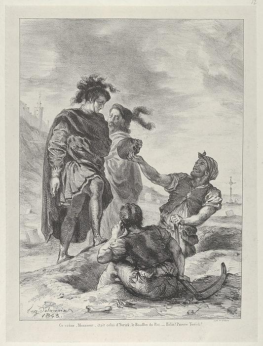 Hamlet and Horatio before The Gravediggers, 1843., 1843. Creator: Eugene Delacroix. Hamlet and Horatio before The Gravediggers, 1843. Act 5, scene 1, grave diggers preparing a burial site unearth the skull of Yorick.