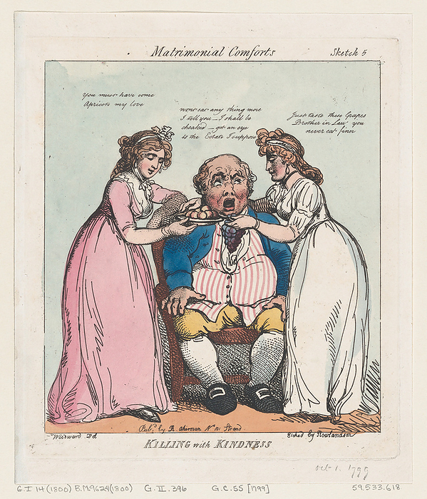 Killing with Kindness, October 1, 1799., October 1, 1799. Creator: Thomas Rowlandson. Killing with Kindness, October 1, 1799.